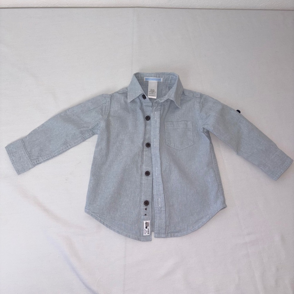 Janie and Jack blue linen cotton roll‎ tab sleeve shirt 12 - 18 months